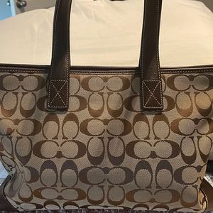 Coach signature, see beige, brown canvas, with leather trim, tote medium size